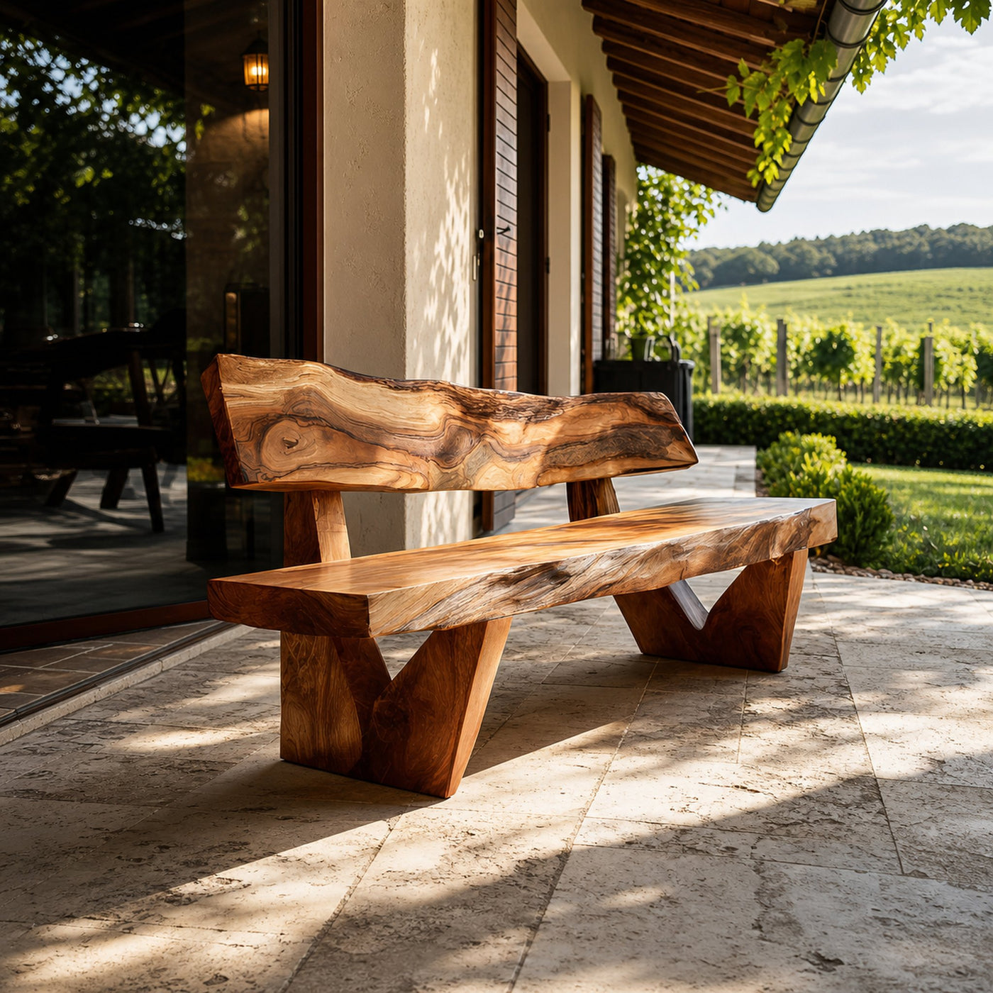 Handcrafted Outdoor Bench With Live Edge Backrest For Garden