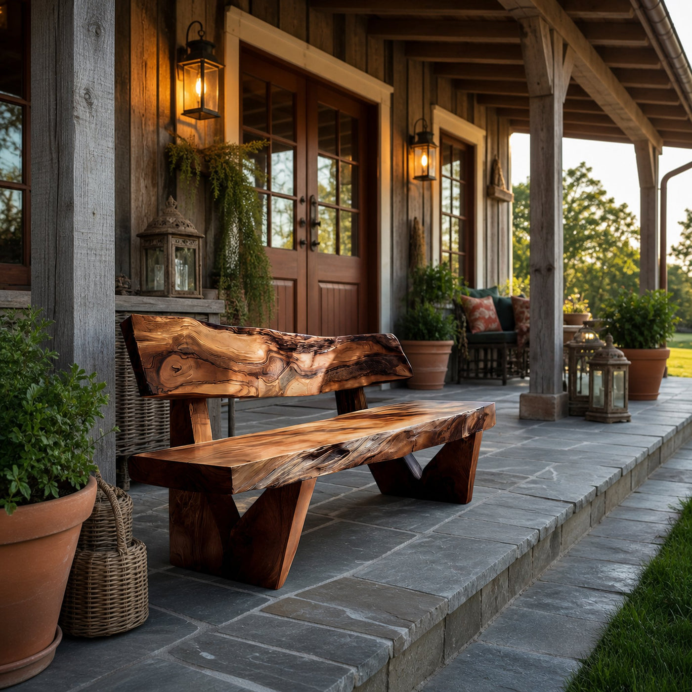 Handcrafted Outdoor Bench With Live Edge Backrest For Garden - product view 7