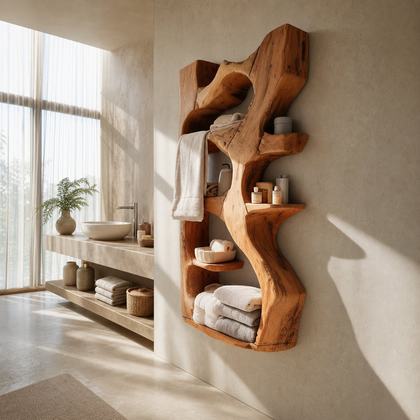 Handcrafted Sculpted Bathroom Shelf For Towels Or Storage