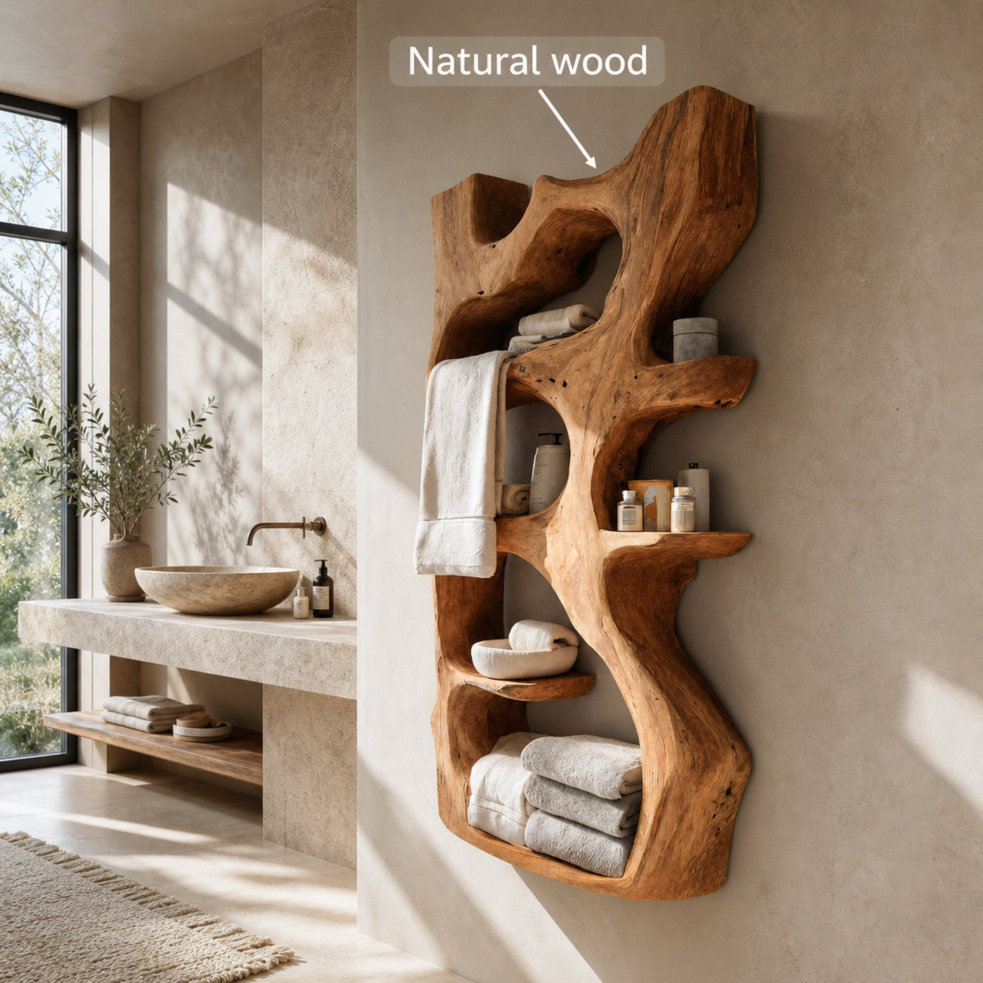 Handcrafted Sculpted Bathroom Shelf For Towels Or Storage - product view 6