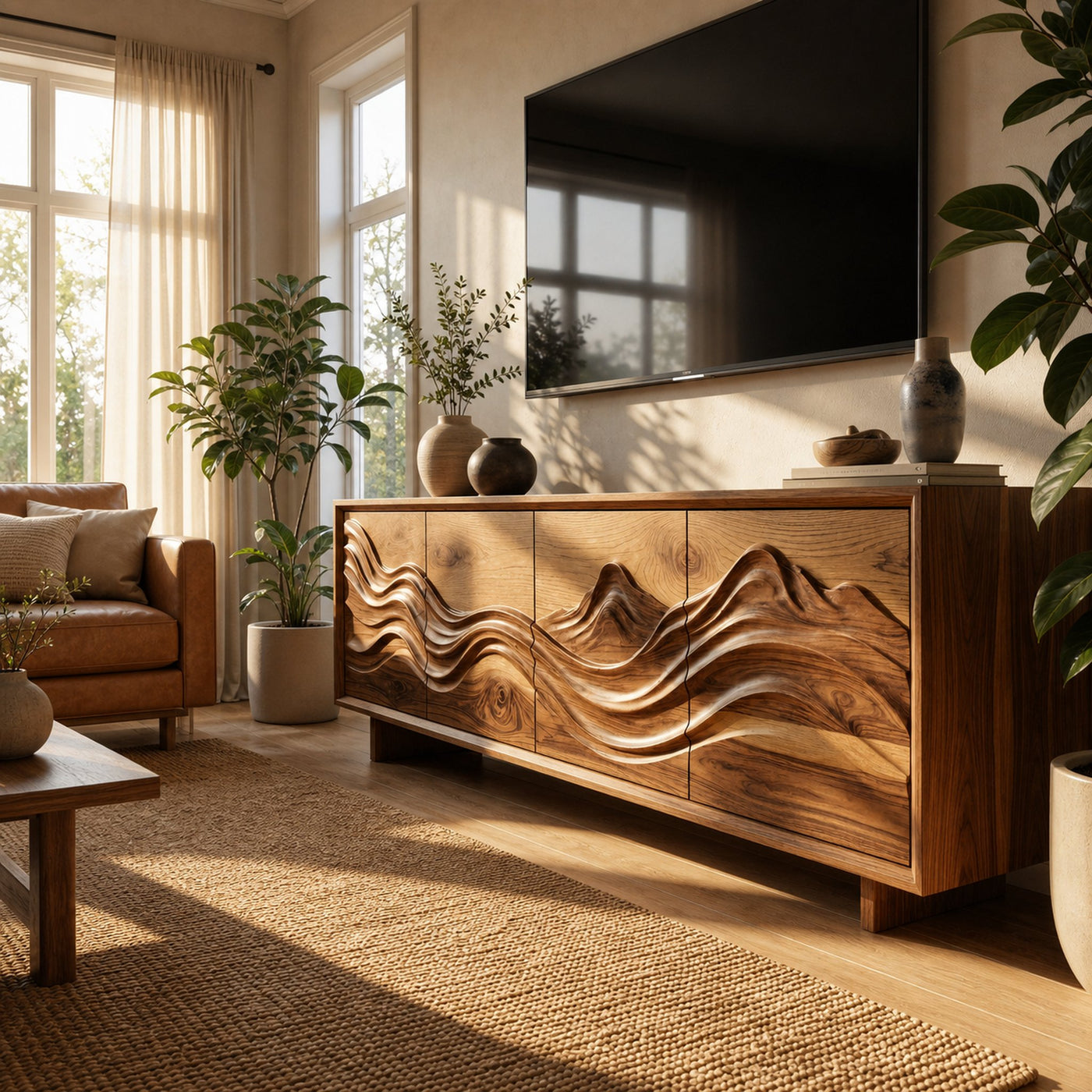 Handcrafted Sculptural Storage Cabinet Solid Wood Living Room