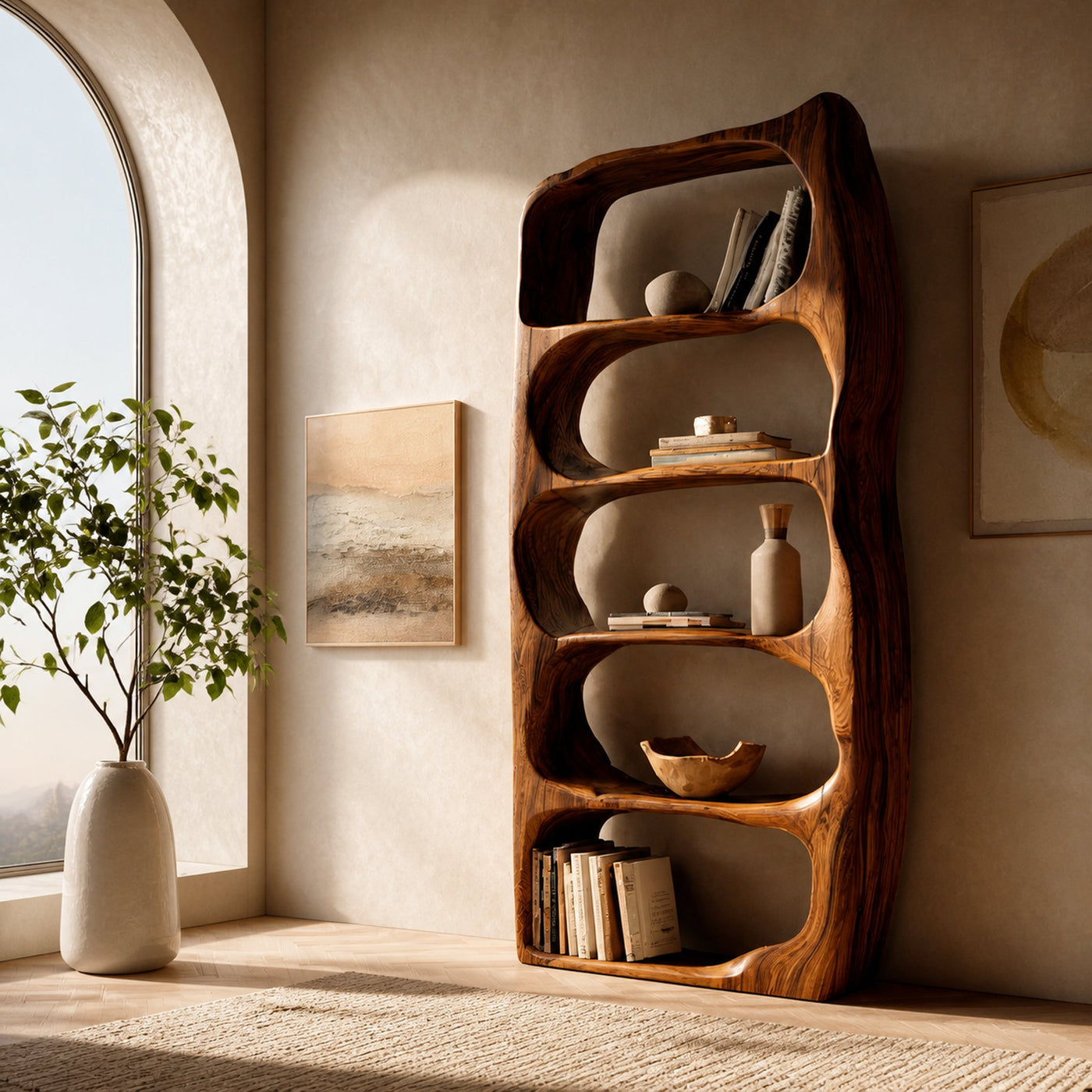Handcrafted Sculptural Wooden Standing Shelf For Home Decor - product view 6