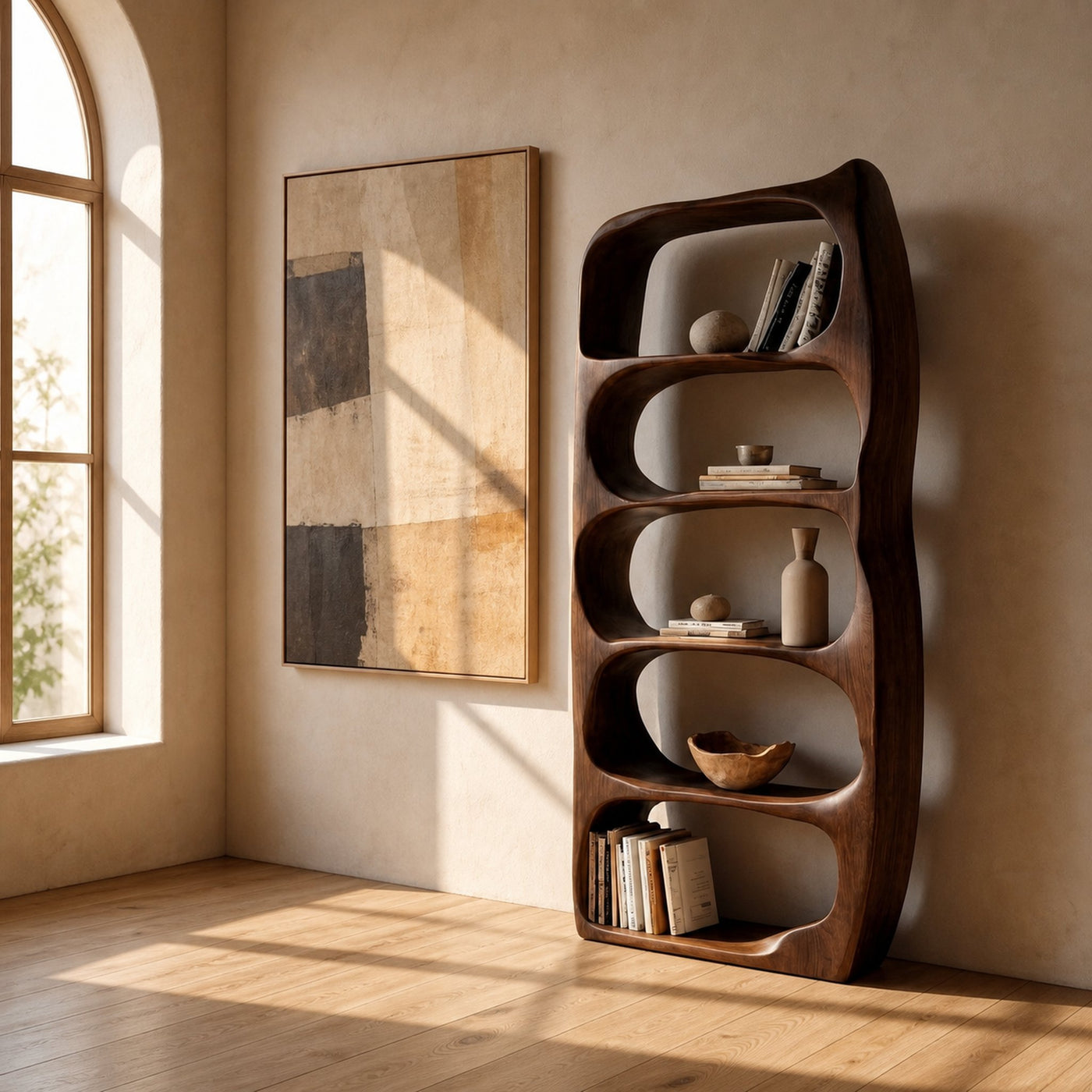 Handcrafted Sculptural Wooden Standing Shelf For Home Decor - product view 7