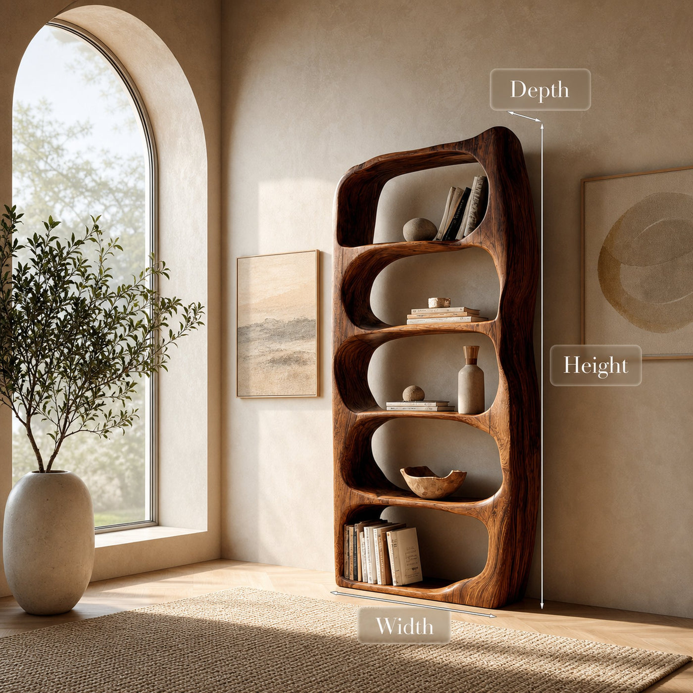 Handcrafted Sculptural Wooden Standing Shelf For Home Decor - product view 8