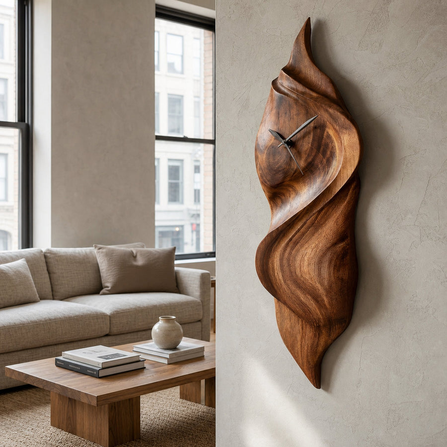 Handcrafted Sculptural Wooden Wall Clock For Cozy Bedroom