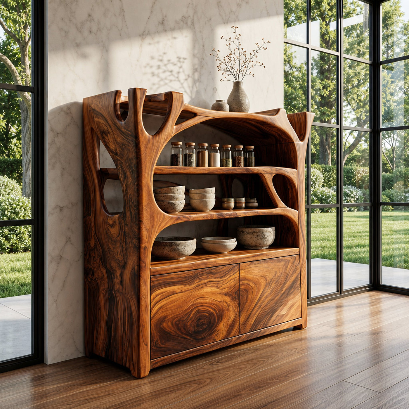 Handcrafted Shoe Cabinet Sculptural Wood Design For Entryway