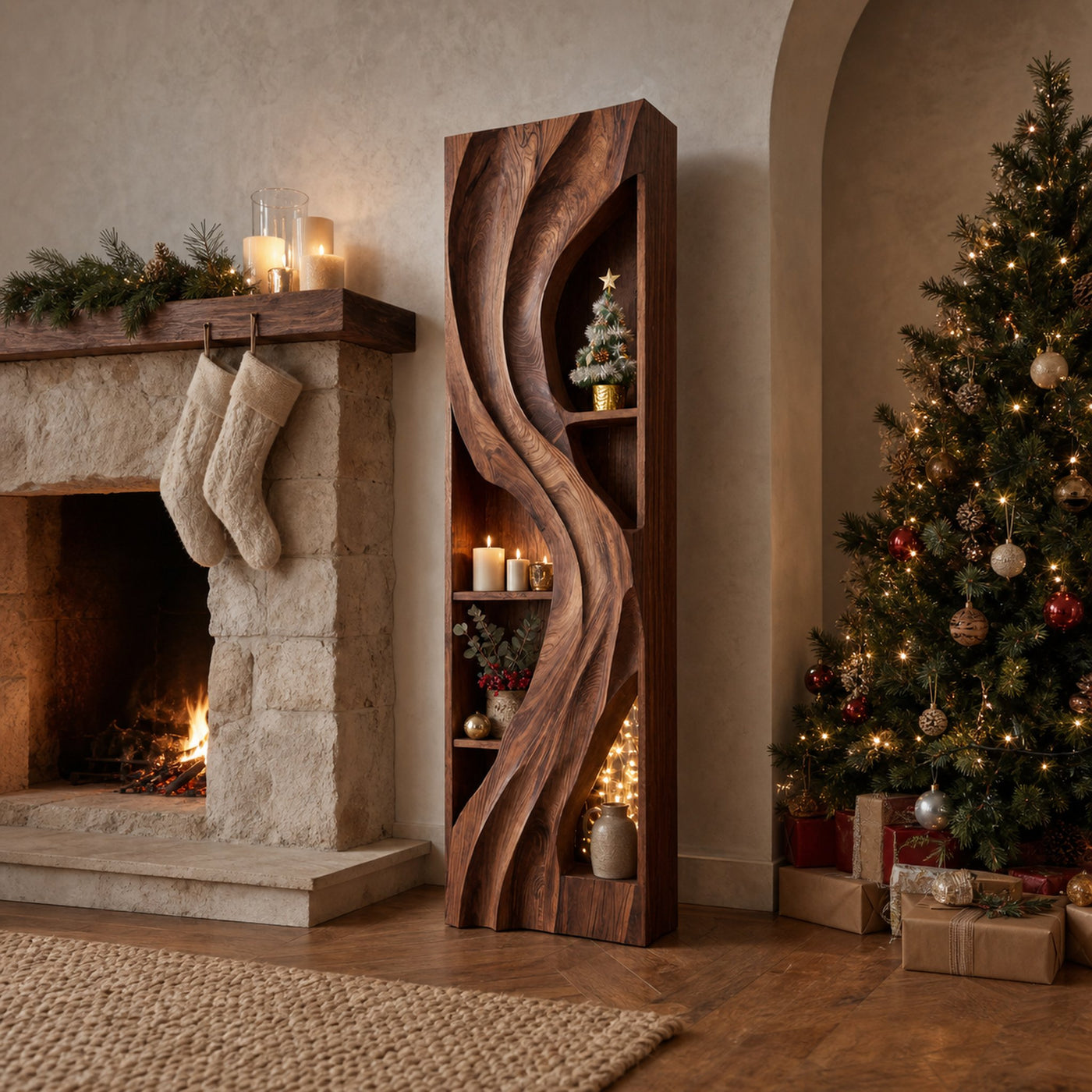 Handcrafted Standing Shelf With Sculpted Wave Design For Holiday
