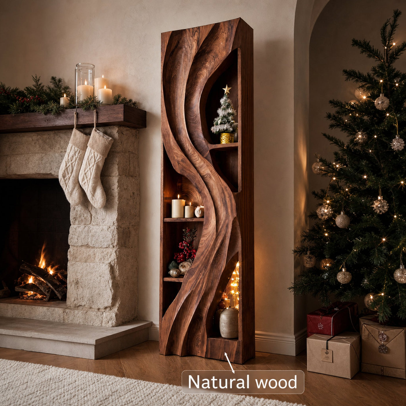 Handcrafted Standing Shelf With Sculpted Wave Design For Holiday - product view 6
