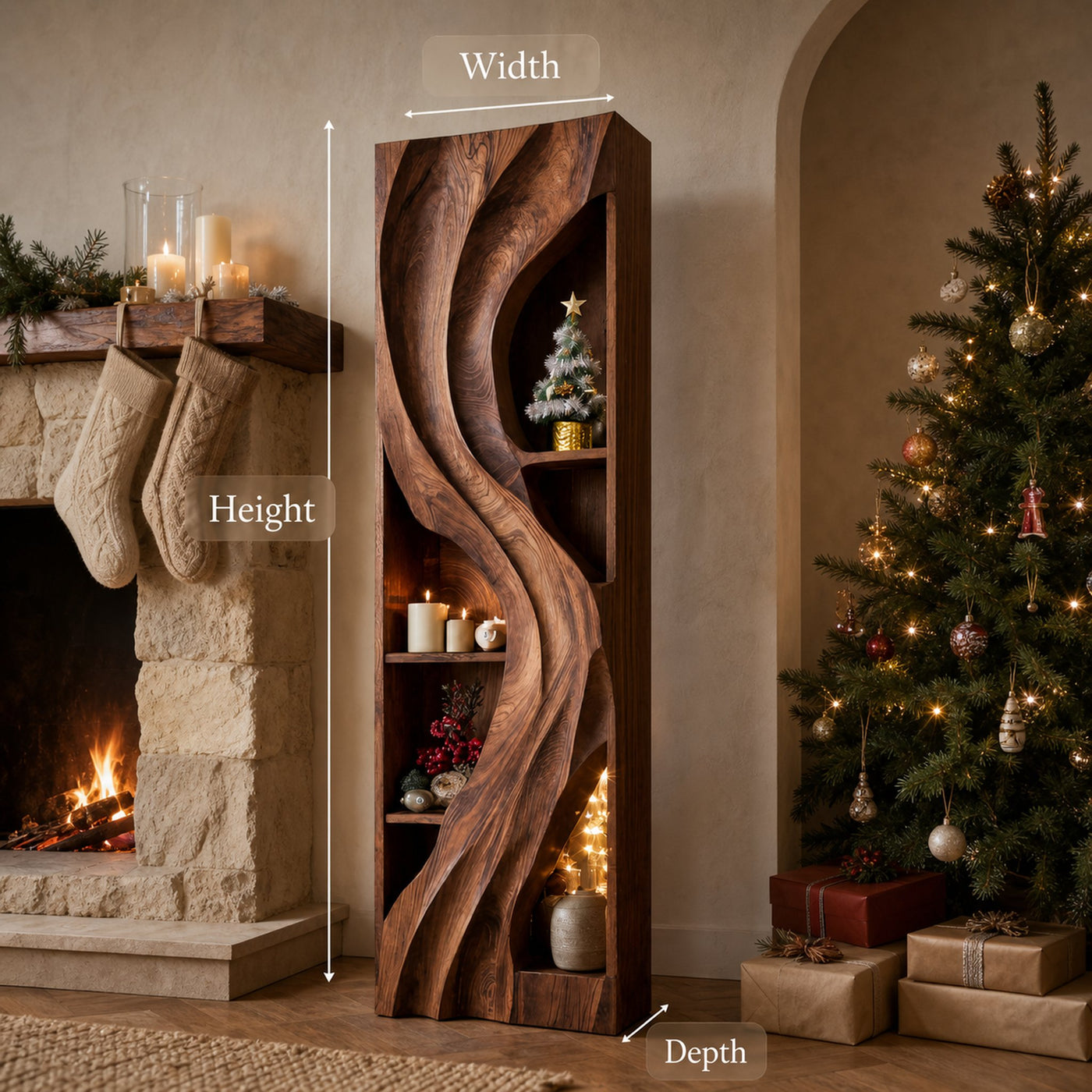 Handcrafted Standing Shelf With Sculpted Wave Design For Holiday - product view 8