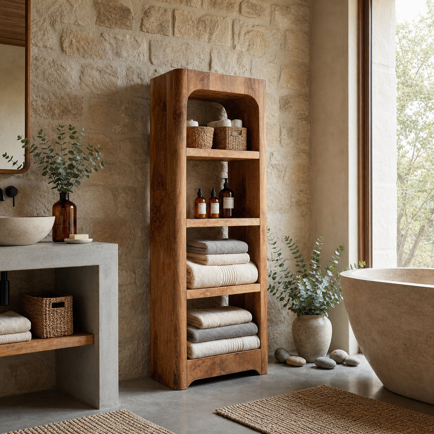 Handcrafted Wooden Bathroom Shelf With Four Tiers For Bathroom