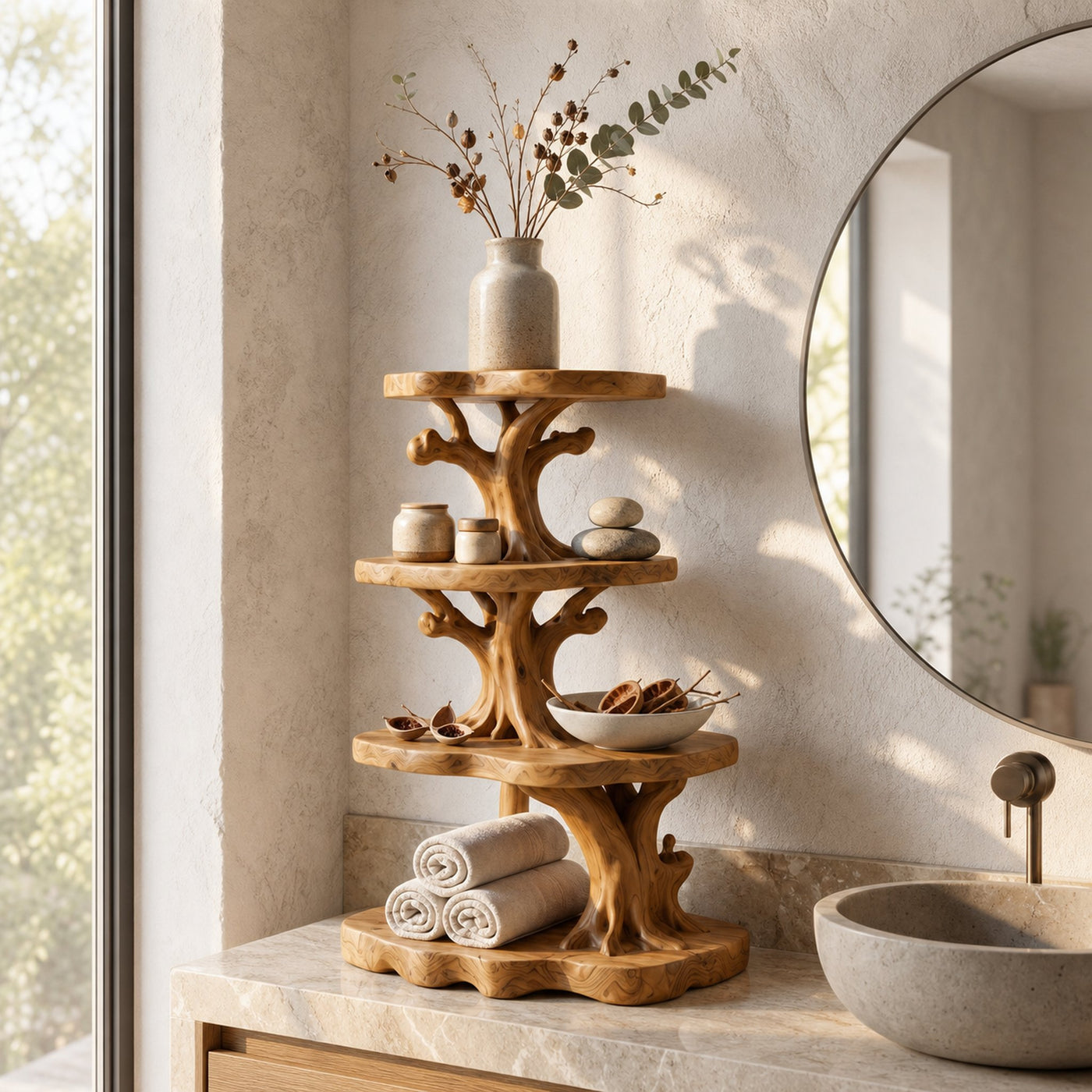 Handcrafted Wooden Bathroom Shelf With Nature Inspired Design For Bathroom