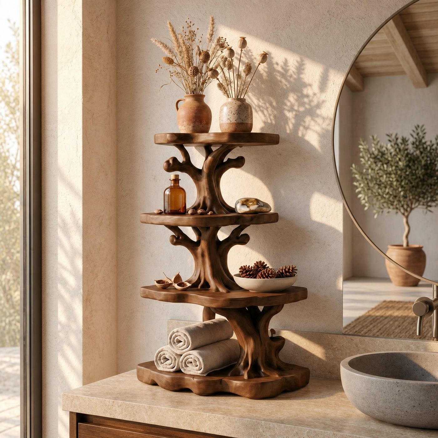 Handcrafted Wooden Bathroom Shelf With Nature Inspired Design For Bathroom - product view 6