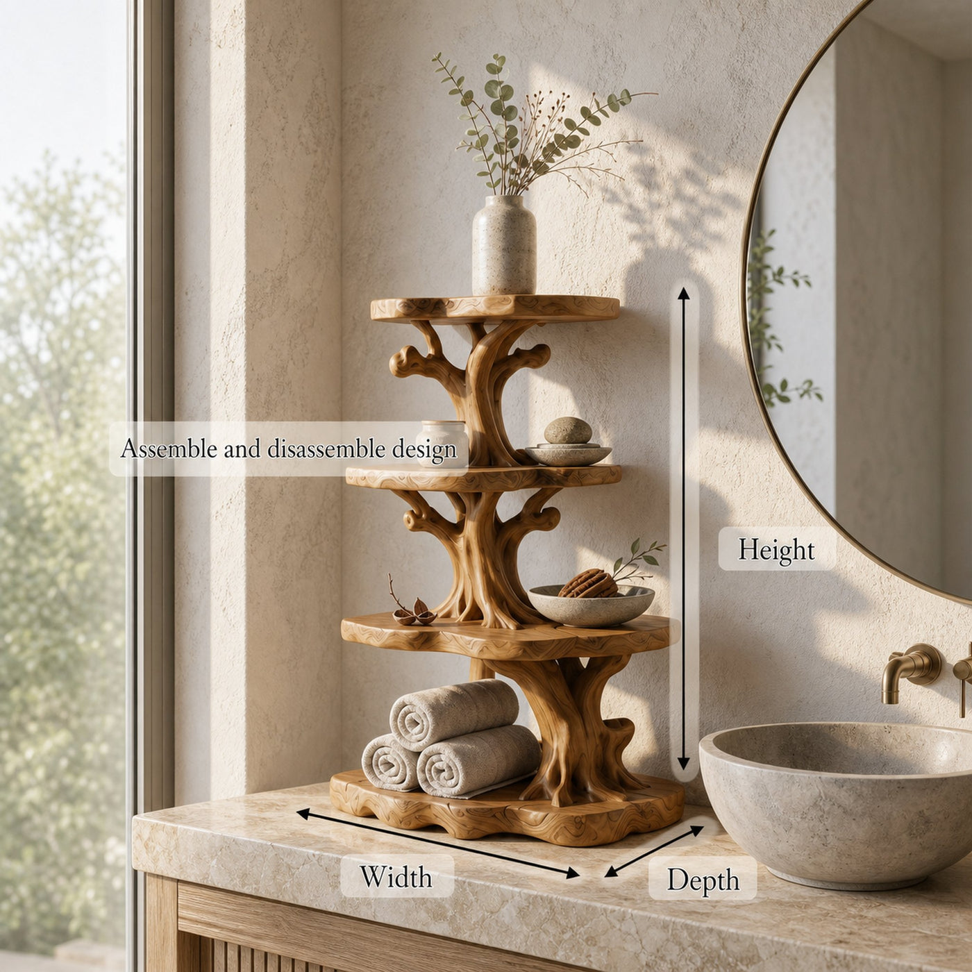 Handcrafted Wooden Bathroom Shelf With Nature Inspired Design For Bathroom - product view 8