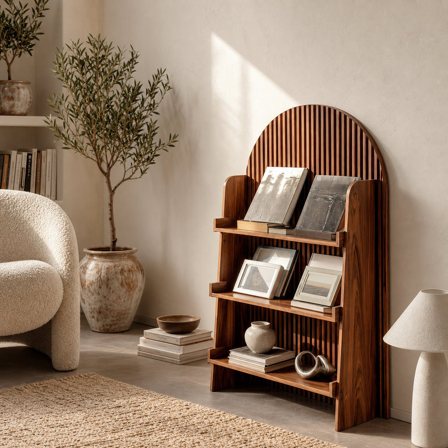 Handcrafted Wooden Carved Arch Magazine Rack For Reading Nook