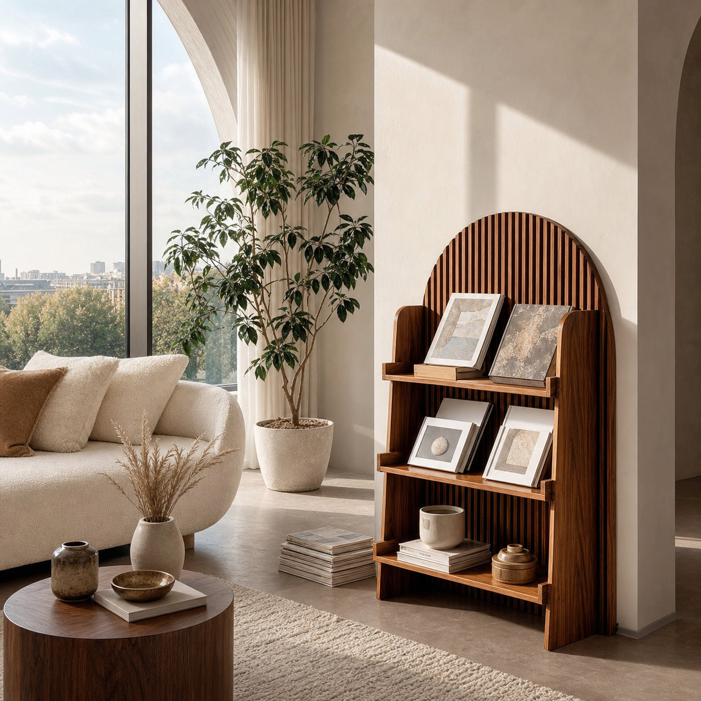 Handcrafted Wooden Carved Arch Magazine Rack For Reading Nook - product view 6