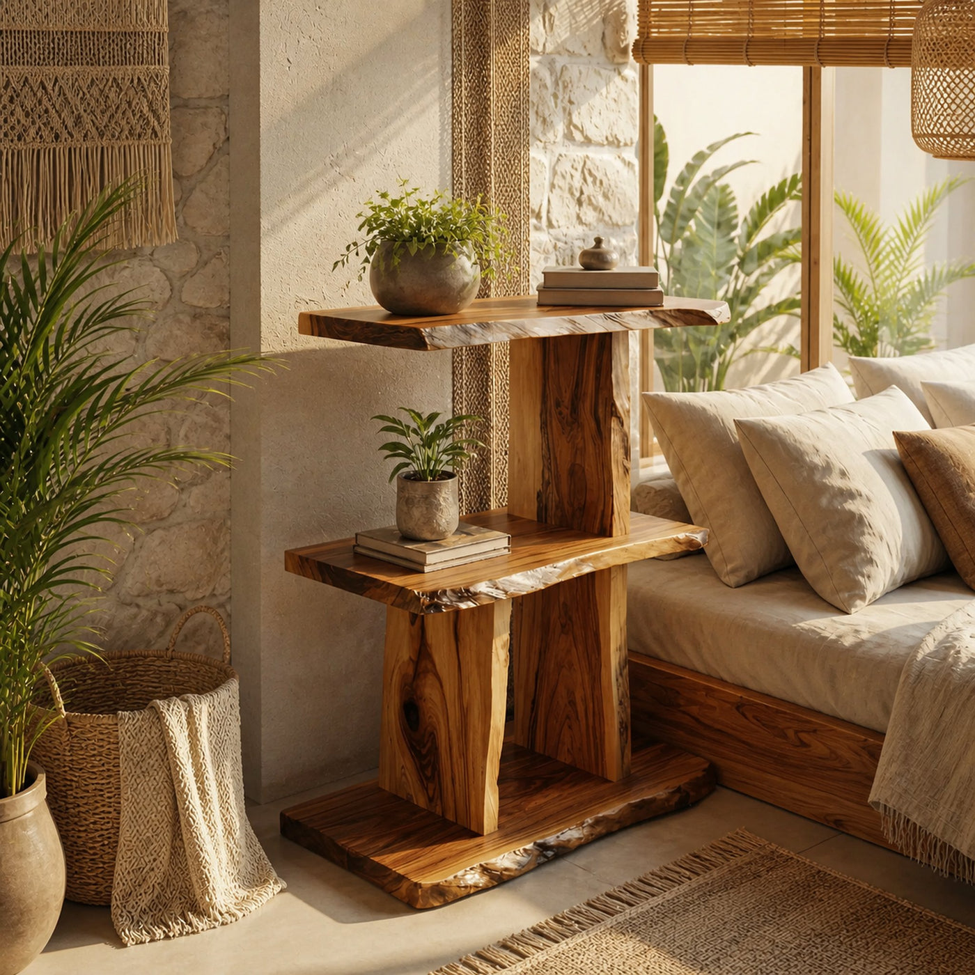 Handcrafted Wooden Live Edge Standing Shelf For Bedroom Storage Decor