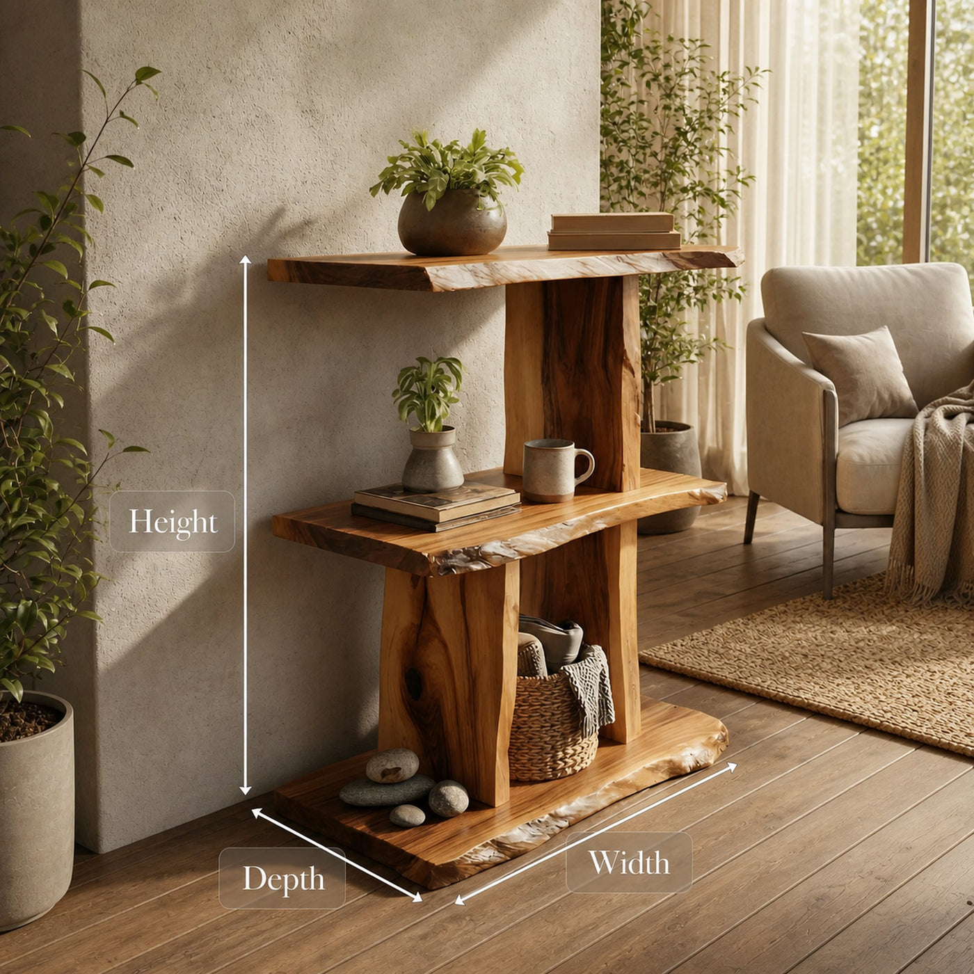 Handcrafted Wooden Live Edge Standing Shelf For Bedroom Storage Decor - product view 7