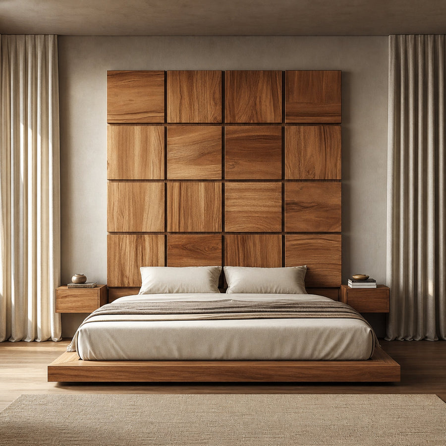 Handcrafted Wooden Panel Headboard Solid Wood Bedroom Interior Clean Line Design