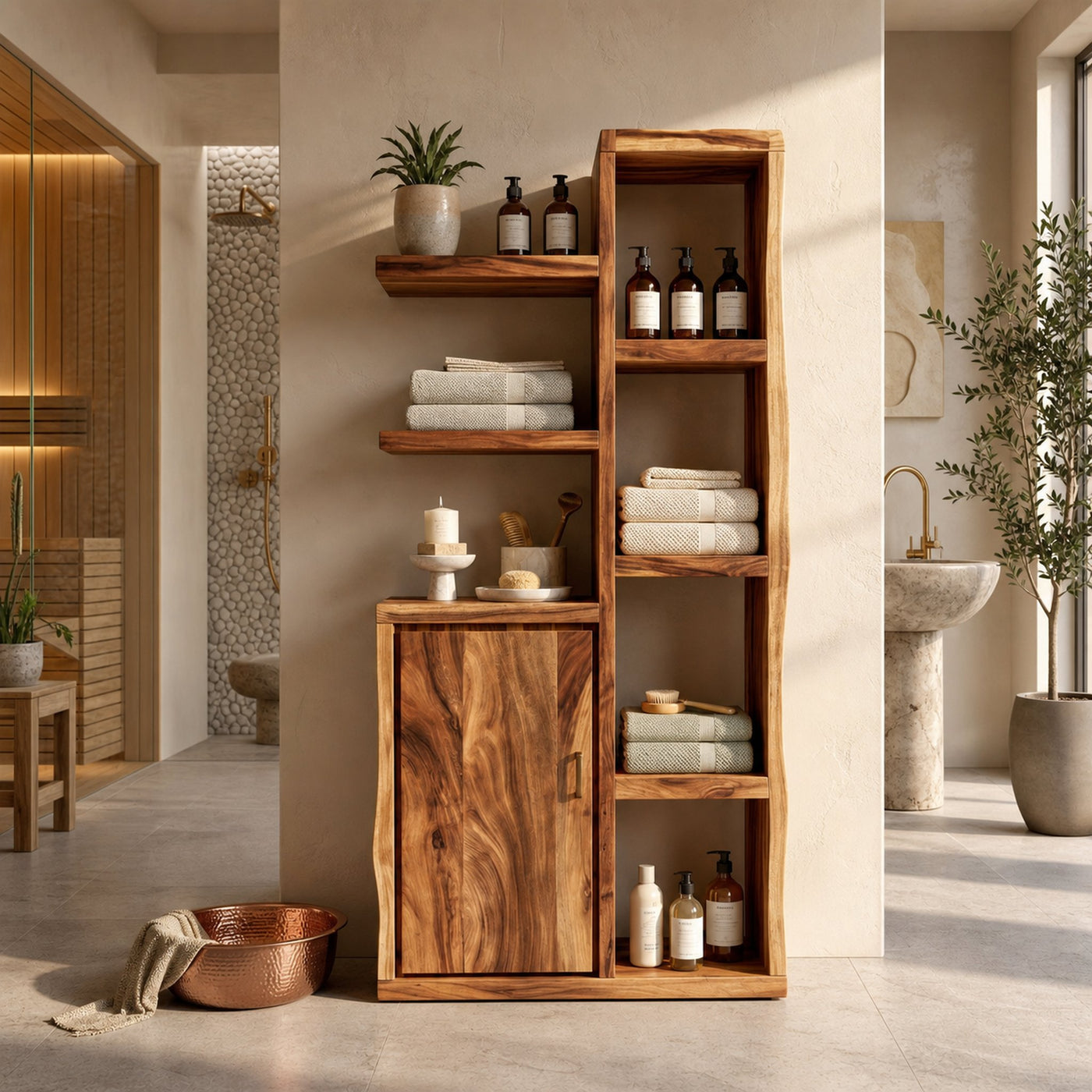 Japandi Open Shelf Storage Cabinet Wellness Suite