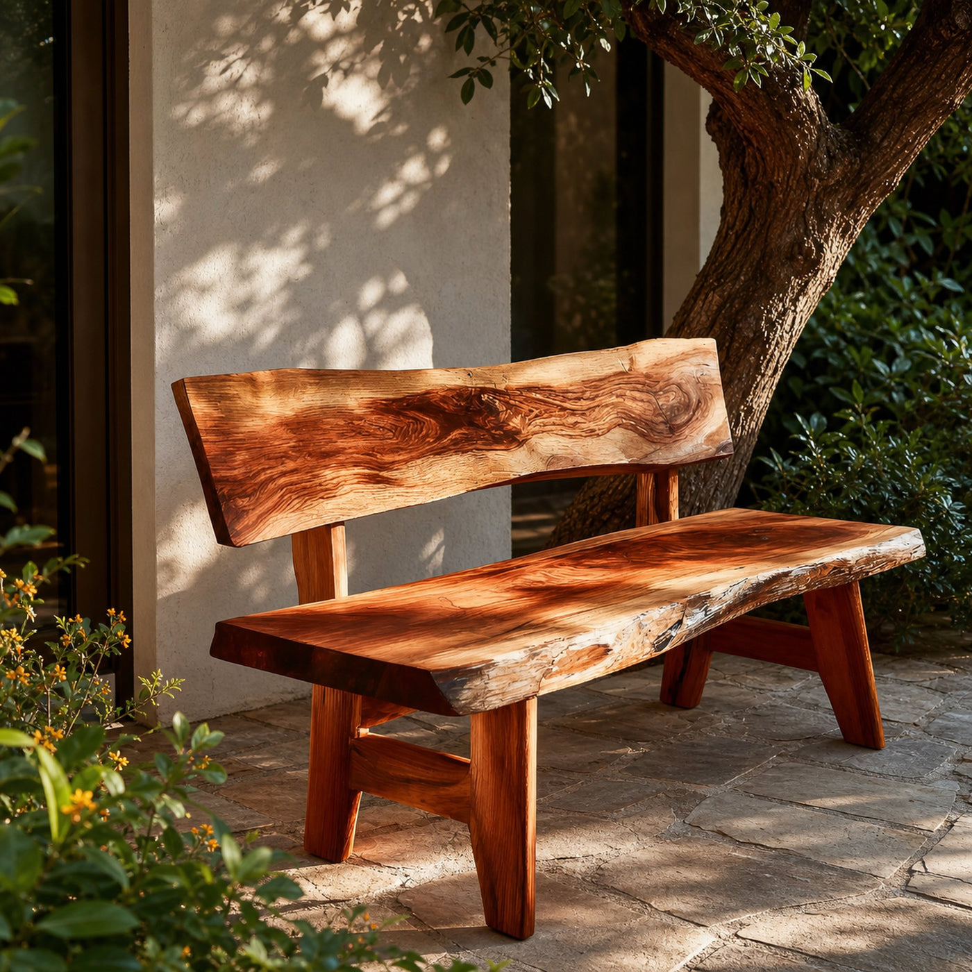 Live Edge Outdoor Wood Bench For Patio And Backyard