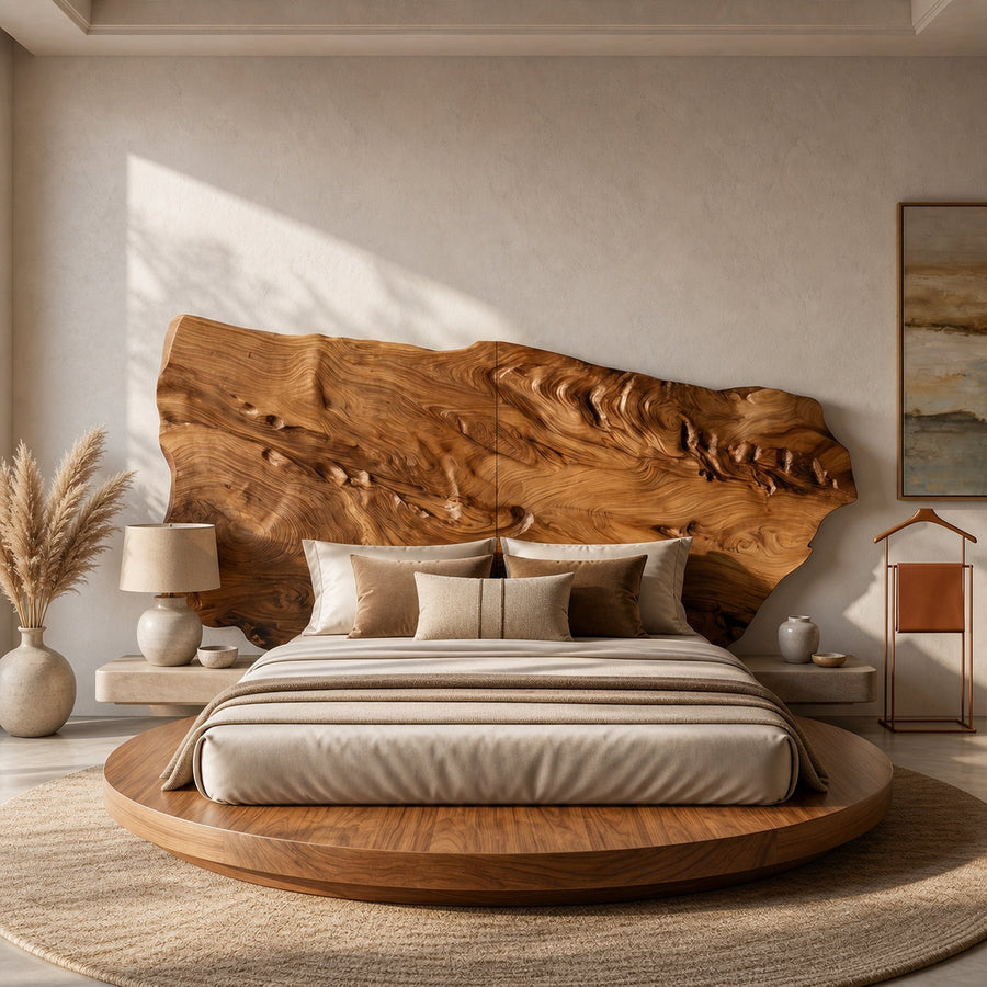 Live Edge Wood Headboard For Sculptural Luxury Bedroom