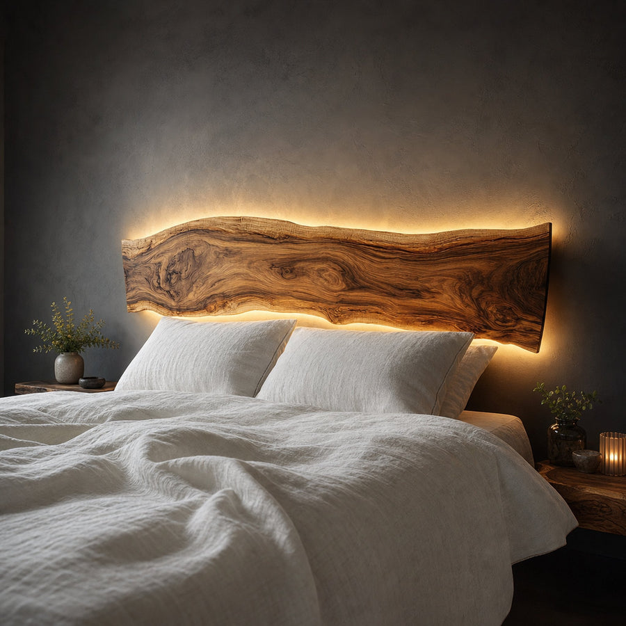 Live Edge Wooden Headboard Solid Wood Bedroom Interior Backlit Design