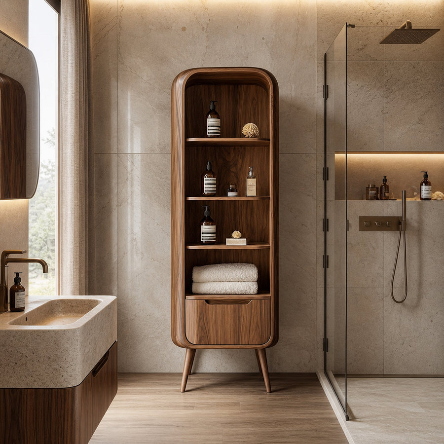 Luxury Sculptural Tall Cabinet For Bathroom Storage And Spa Interior