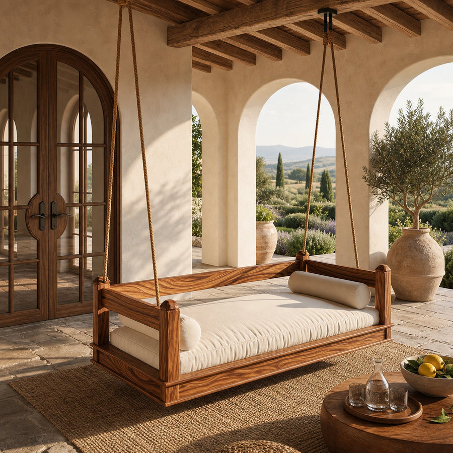 Mediterranean Wooden Hanging Daybed Swing Luxury Villa Patio