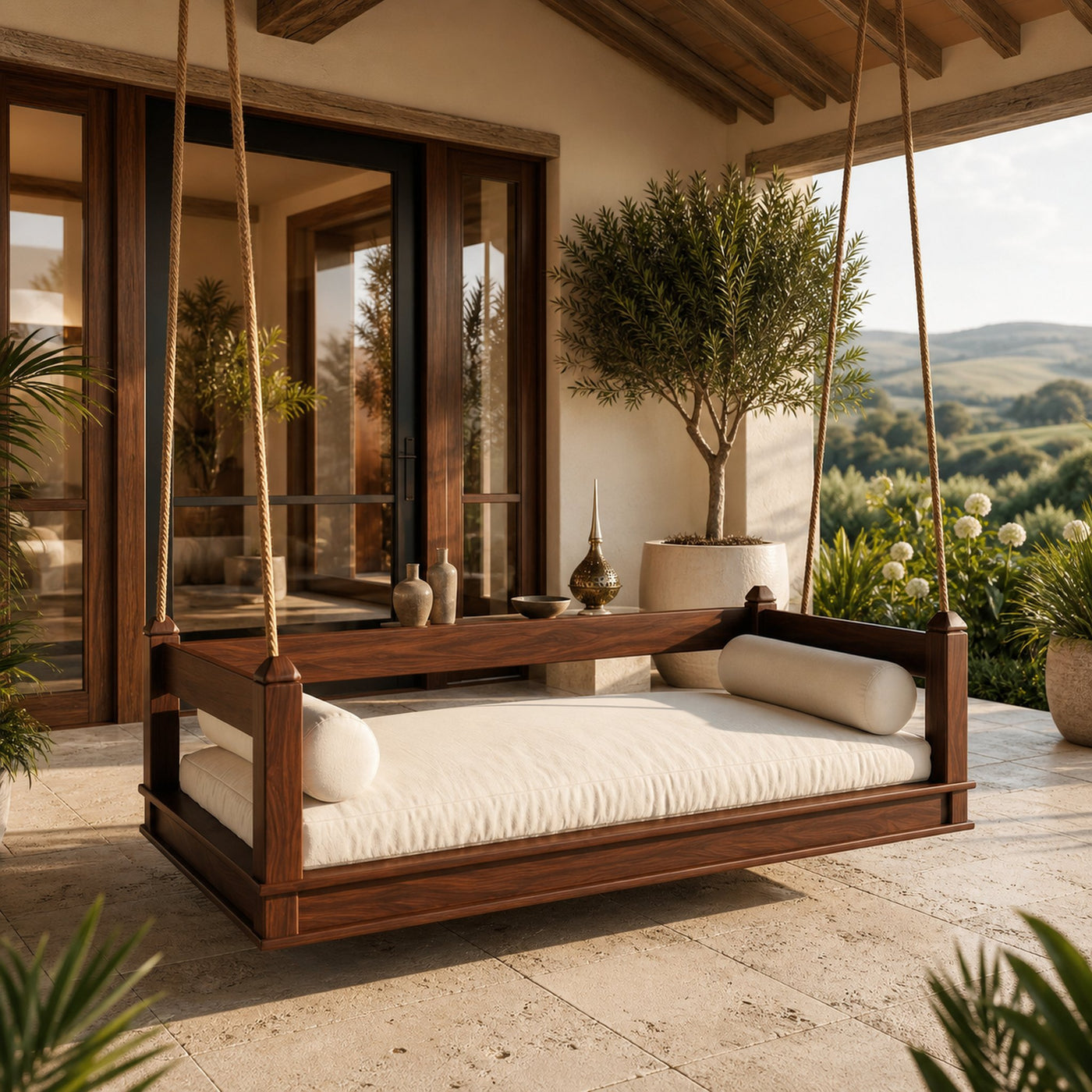 Mediterranean Wooden Hanging Daybed Swing Luxury Villa Patio - product view 7