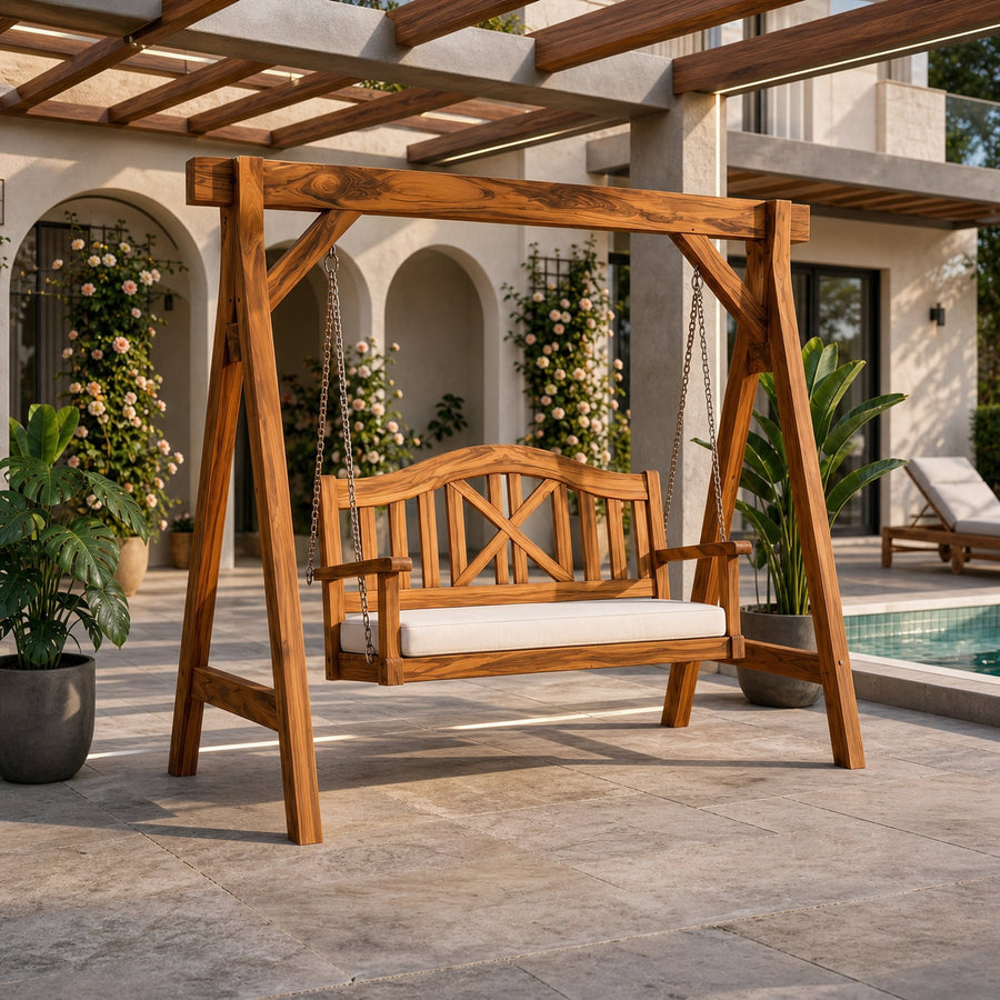 Mediterranean Wooden Swing Bench Villa Patio