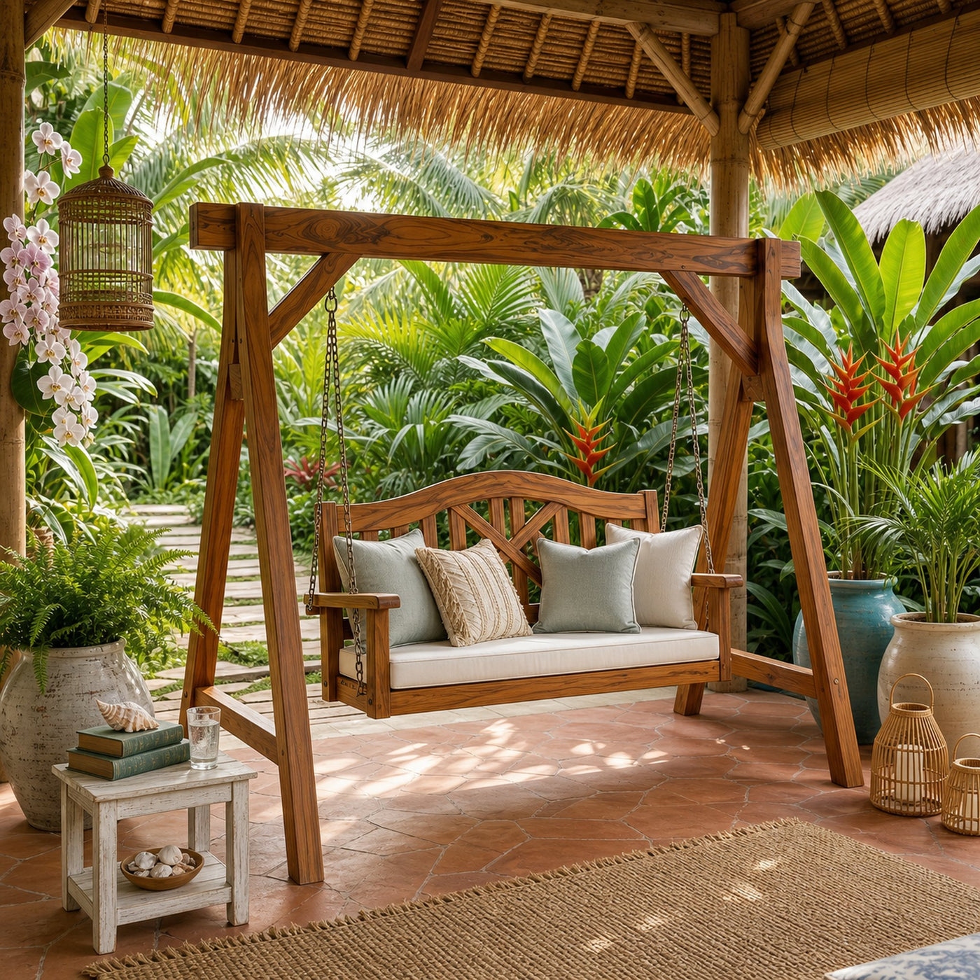 Mediterranean Wooden Swing Bench Villa Patio - product view 6