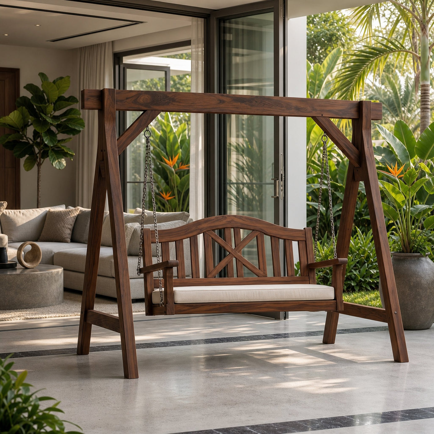 Mediterranean Wooden Swing Bench Villa Patio - product view 7
