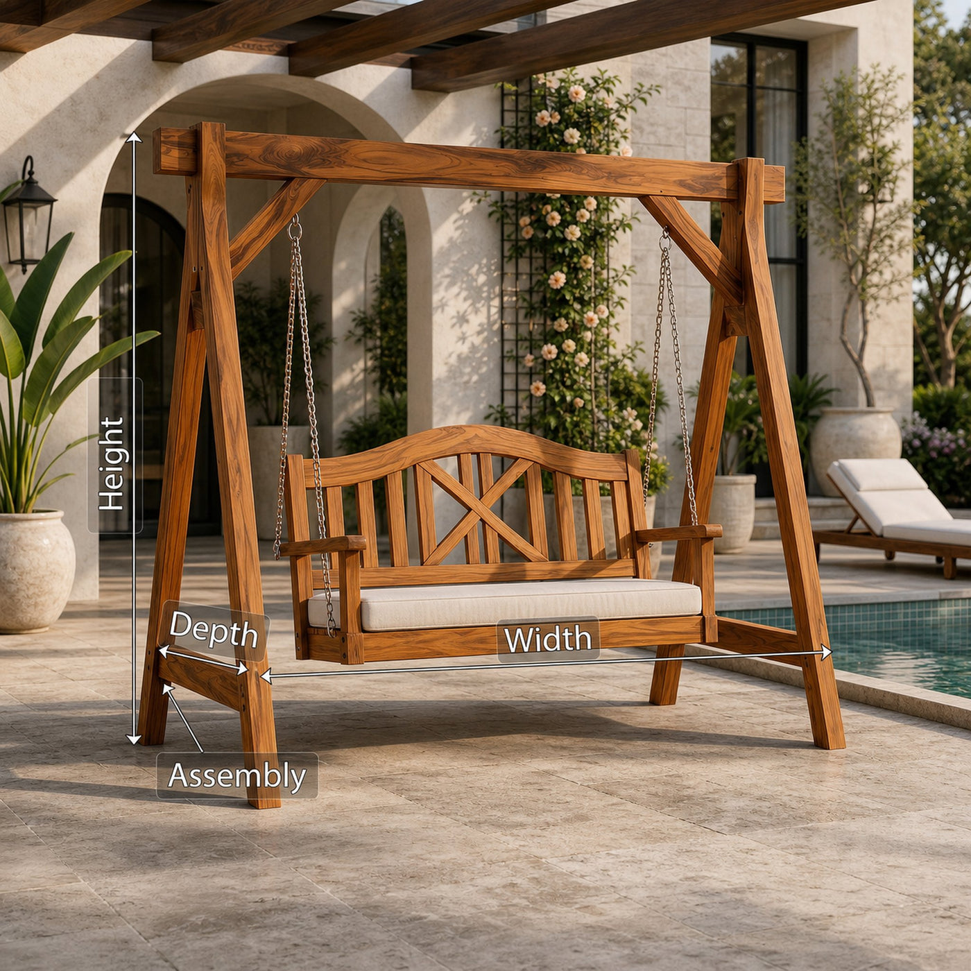 Mediterranean Wooden Swing Bench Villa Patio - product view 8