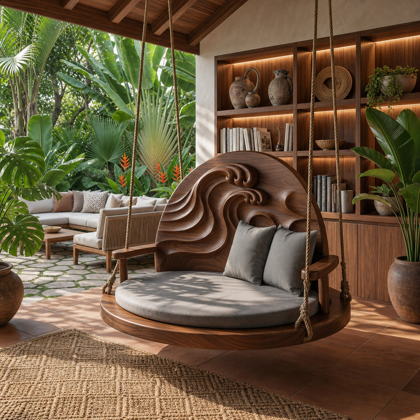 Mid Century Carved Back Indoor Swing Living Room Interior - product view 7