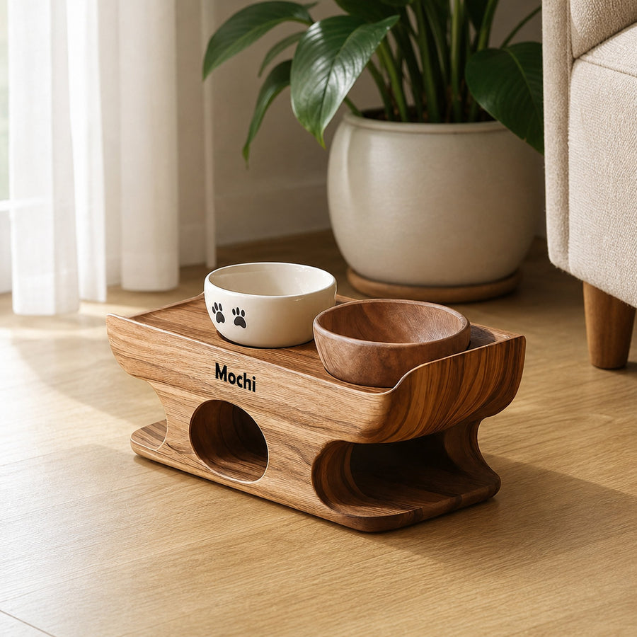 Mid Century Dog Food Bowl Stand With Wooden Base