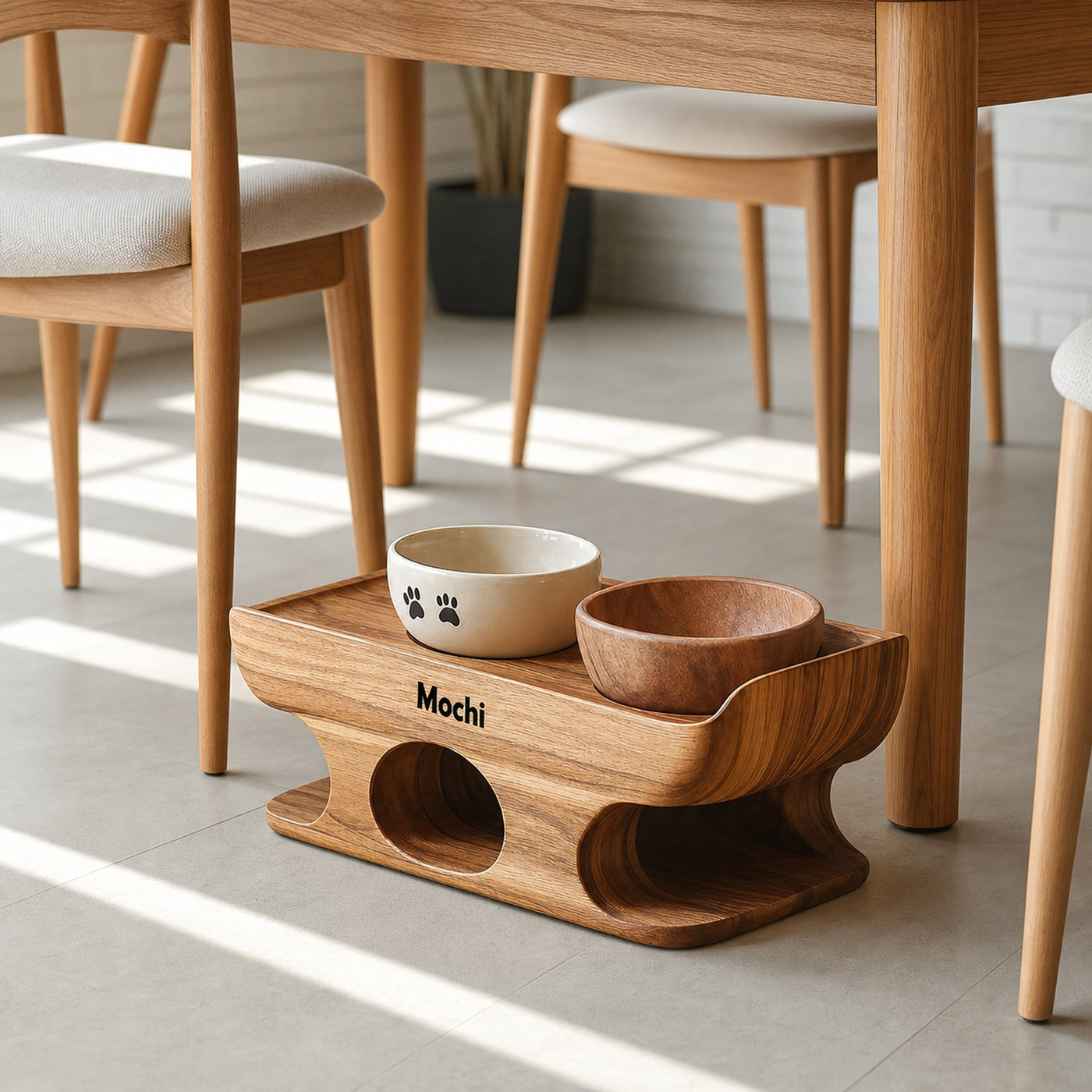 Mid Century Dog Food Bowl Stand With Wooden Base - product view 6