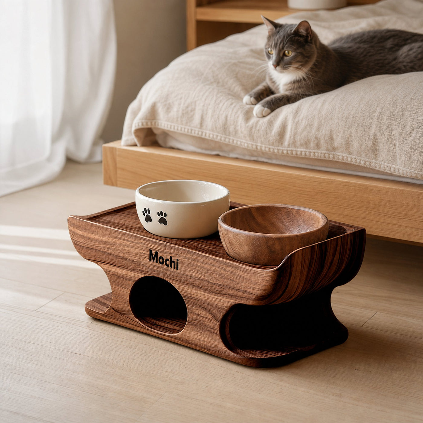 Mid Century Dog Food Bowl Stand With Wooden Base - product view 7