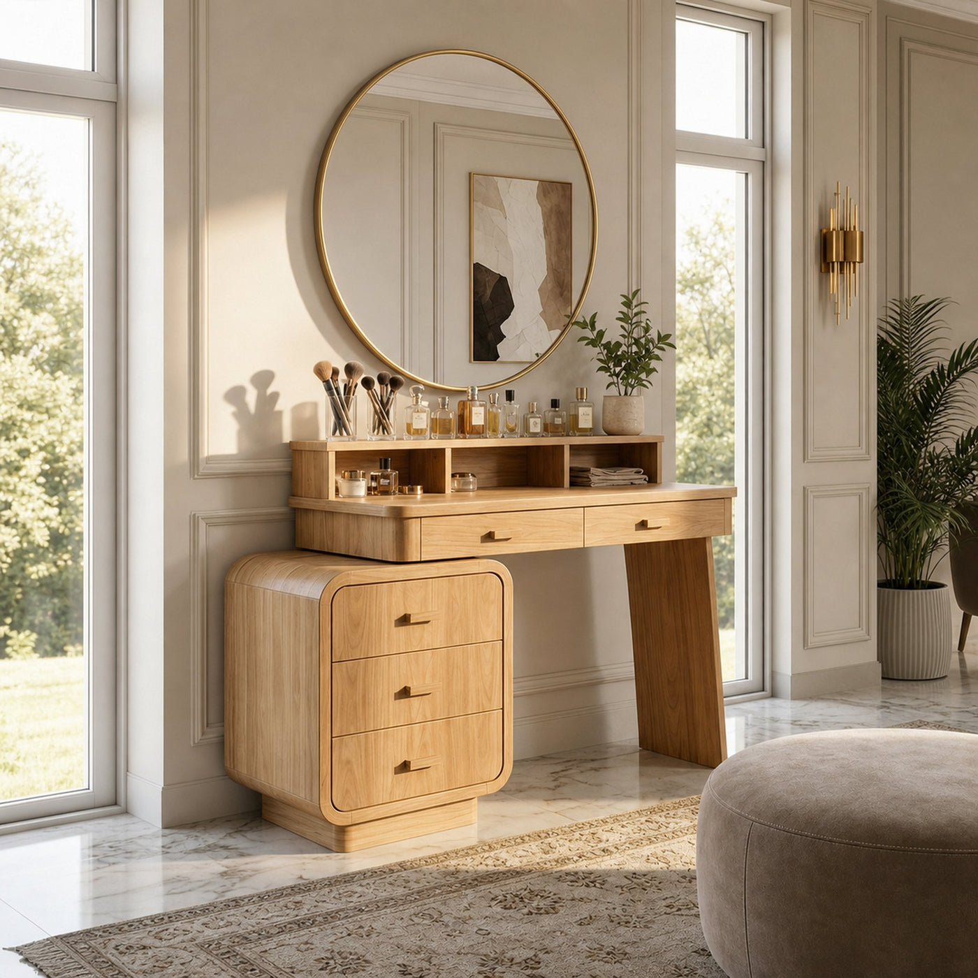 Mid Century Dressing Table With Storage Cabinet Soft Rounded Design For Bedroom