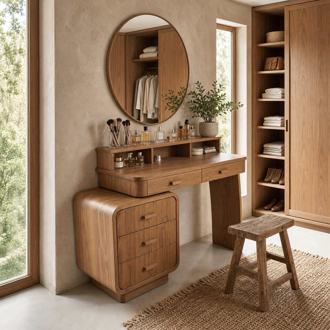 Mid Century Dressing Table With Storage Cabinet Soft Rounded Design For Bedroom - product view 6