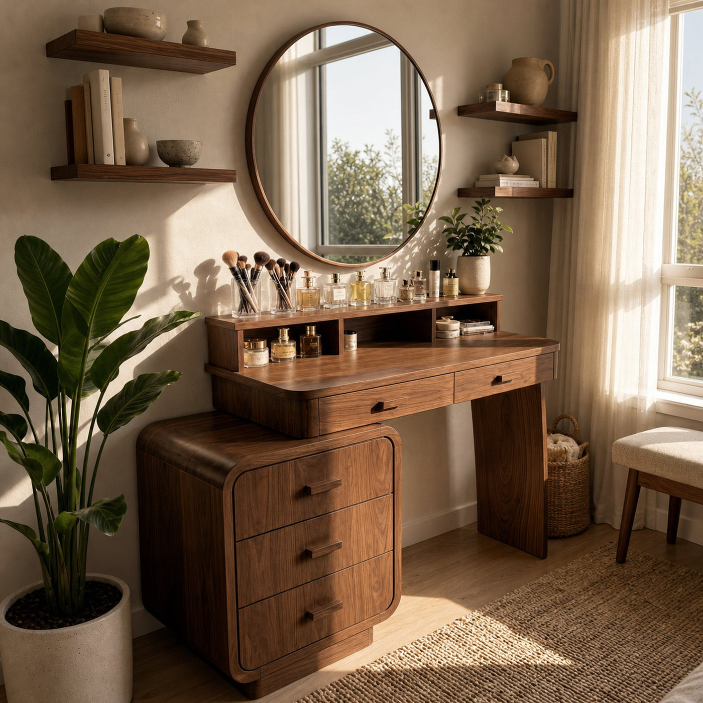 Mid Century Dressing Table With Storage Cabinet Soft Rounded Design For Bedroom - product view 7