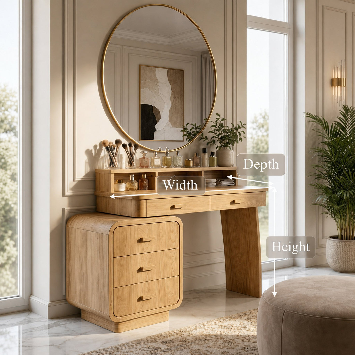 Mid Century Dressing Table With Storage Cabinet Soft Rounded Design For Bedroom - product view 8
