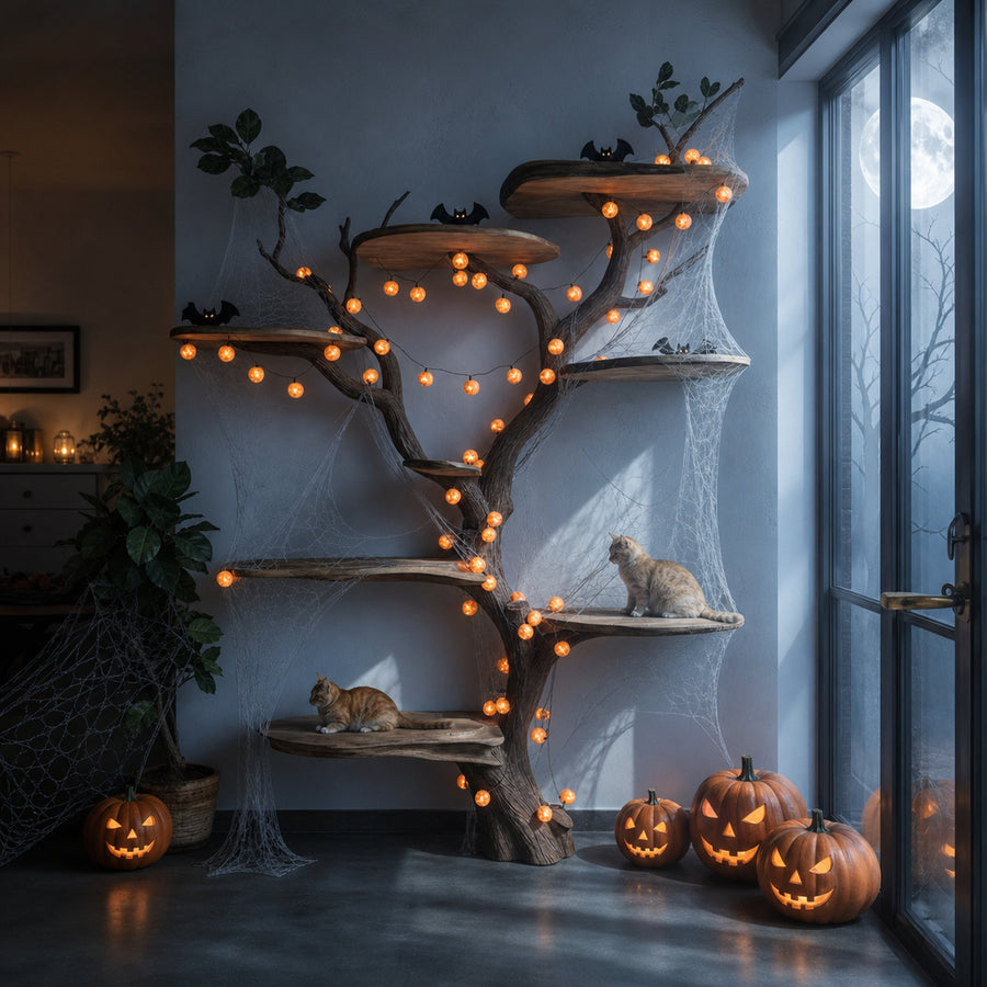 Mid Century Halloween Cat Tree Shelf Living Room