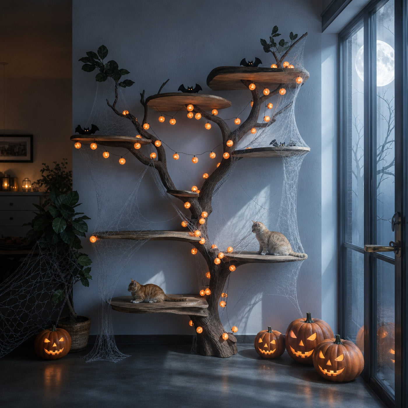 Mid Century Halloween Cat Tree Shelf Living Room