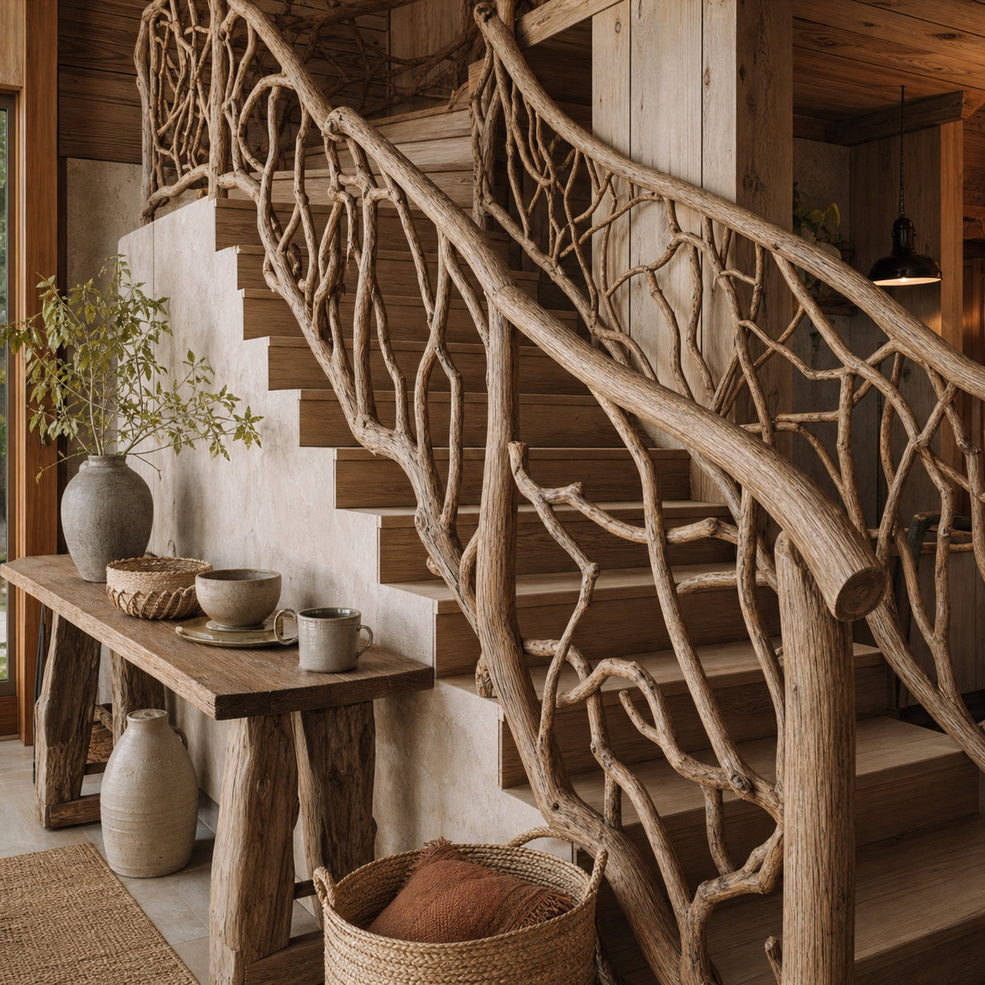 Mid Century Handcrafted Wooden Staircase Hallway
