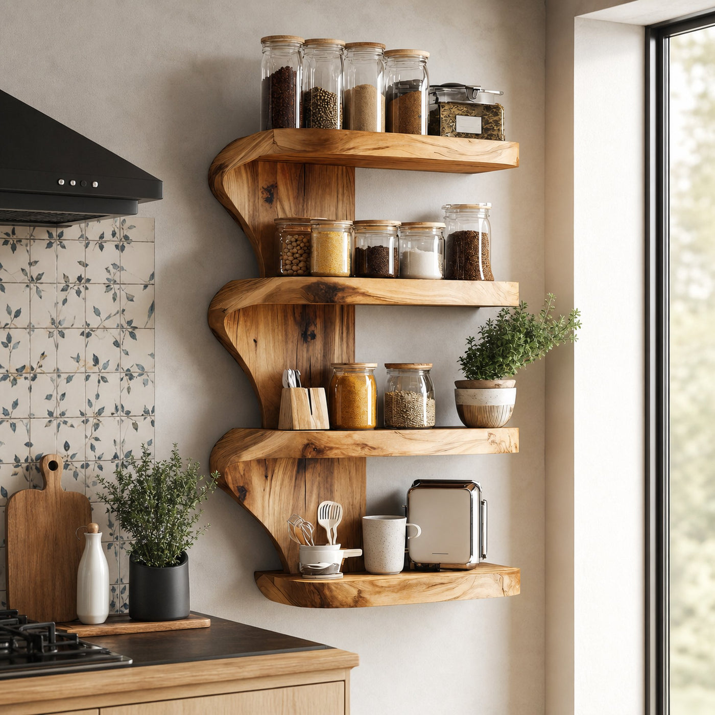 Mid Century Kitchen Decor With Wooden Spice Organizer