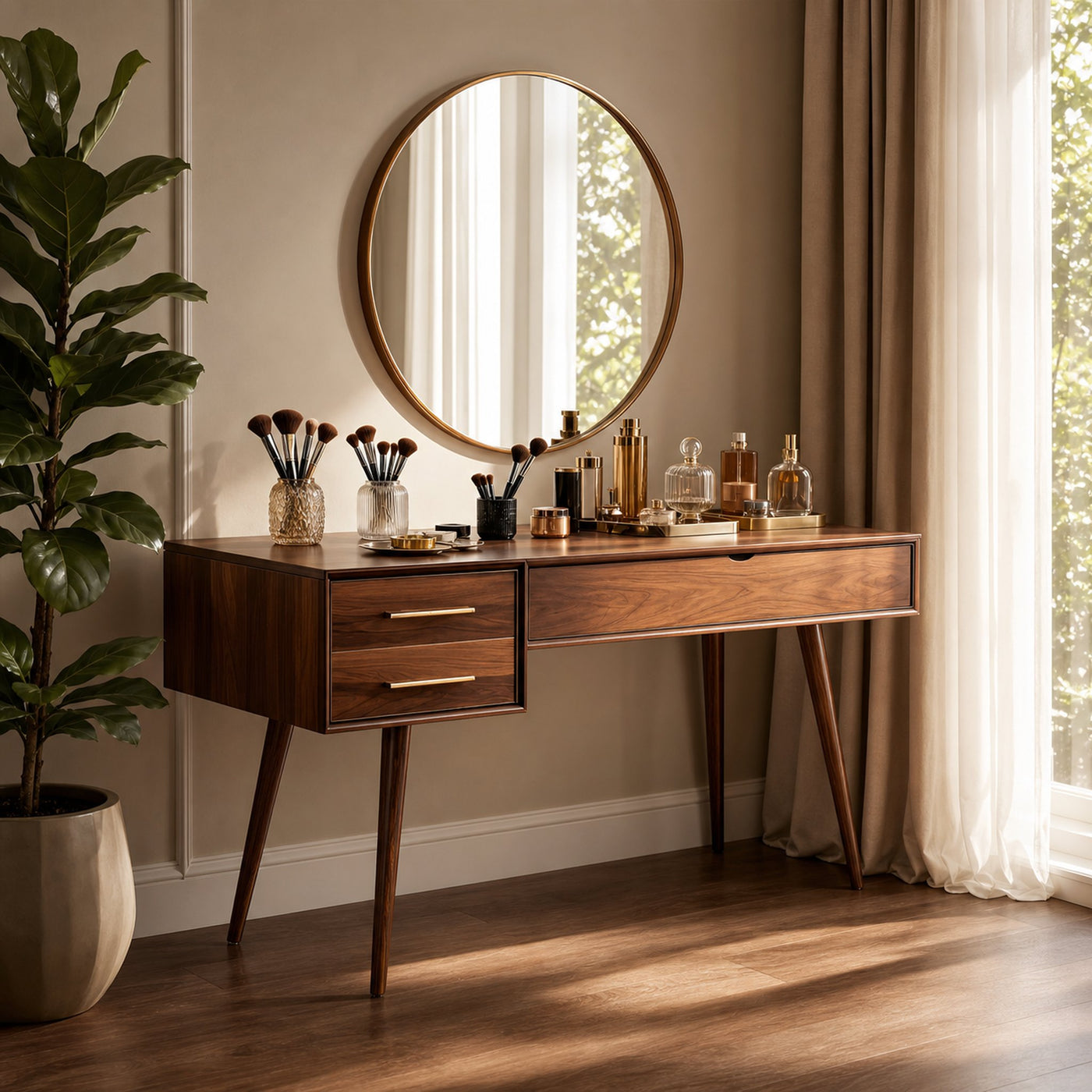 Mid Century Modern Vanity Desk With Drawers For Bedroom