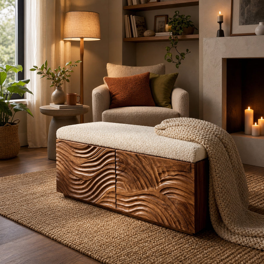 Mid Century Natural Wood Storage Bench For Bedroom Storage