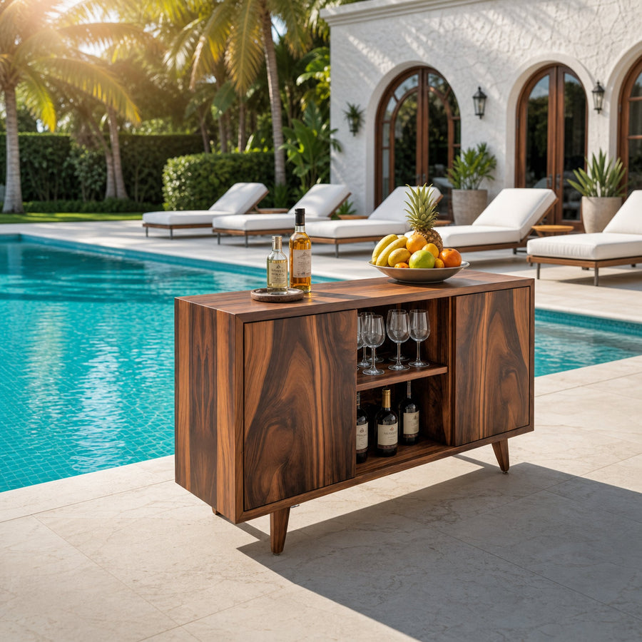 Mid Century Outdoor Bar Cabinet With Wine Storage For Patio