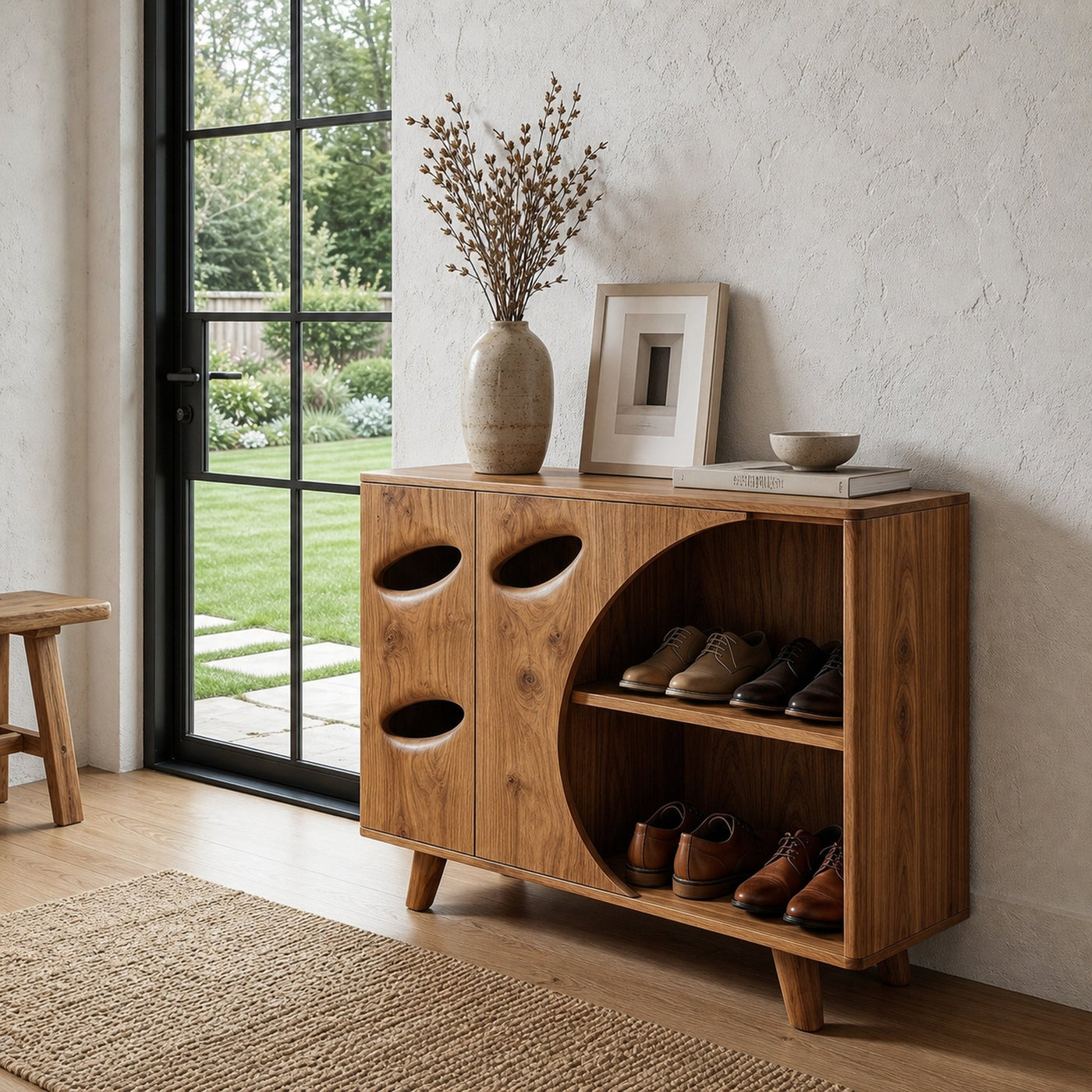 Mid Century Shoe Cabinet Organic Cutout Design For Entryway