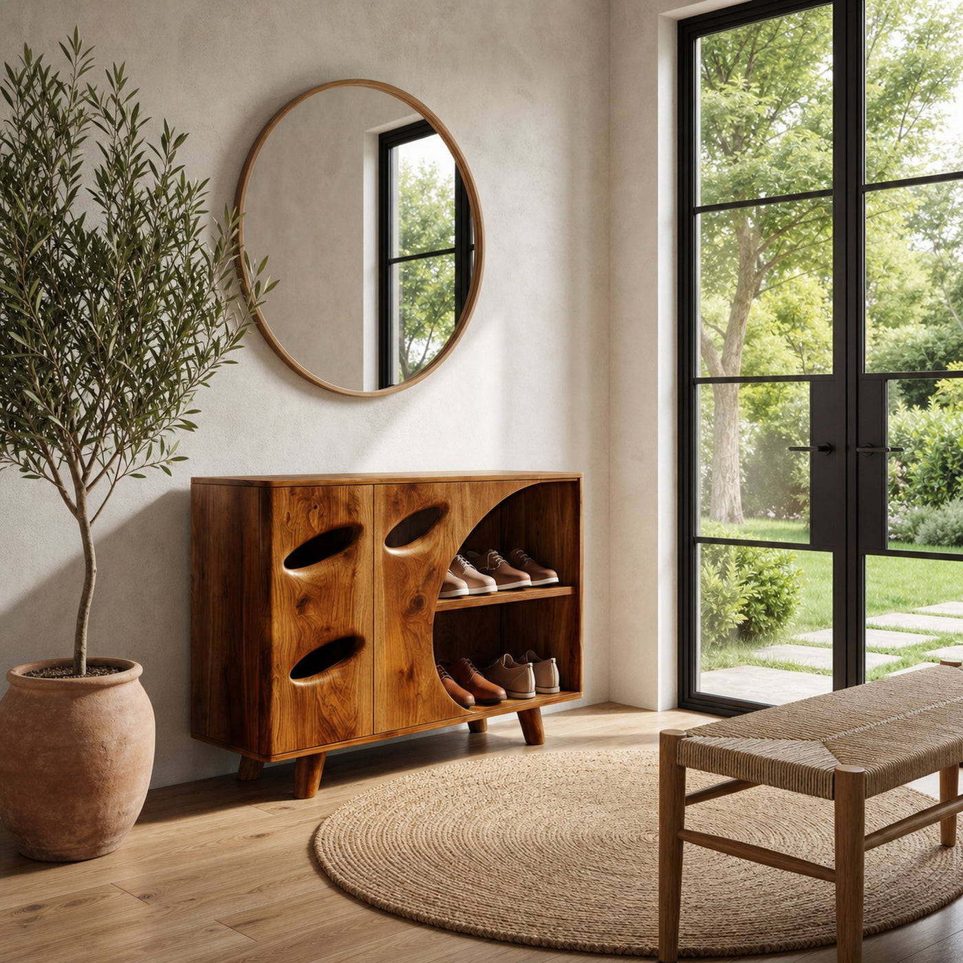 Mid Century Shoe Cabinet Organic Cutout Design For Entryway - product view 6